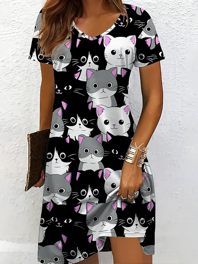  Damen Minikleid Freizeitkleid T-Shirt-Kleid A Linie Kleid Sommerkleid Urlaub Lässig Ferien Normale Passform Grafik Tiermotiv Katze Kurzarm Rundhalsausschnitt V Ausschnitt Schwarz und Weiß Gelb Rosa