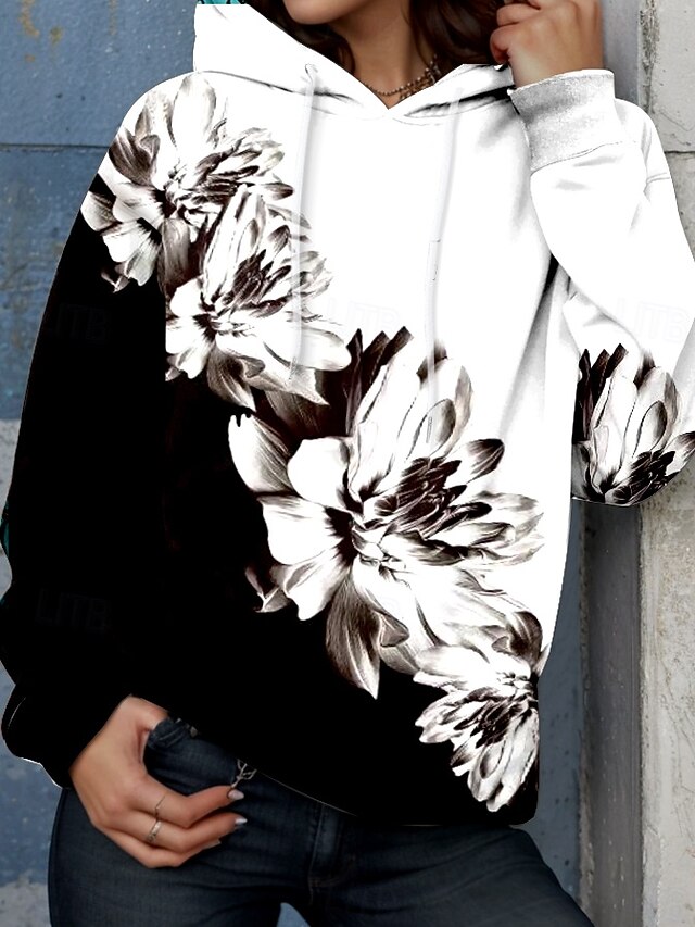 Women's Hoodie Pullover Sweatshirt Oversized Long Sleeve Casual Graphic Floral Color Block Warm Active Hooded Regular Tops Street Dailywear Drawstring Print Black Spring Fall Winter4