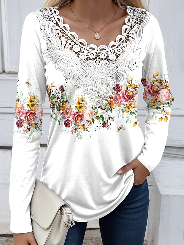 Women's Blouse Tunic Lace Splicing V Neck Long Sleeve T Floral Graphic Plants Casual Crew Neck Regular Tops Daily Lace Eyelet White Green off-white Spring Fall Prefall4