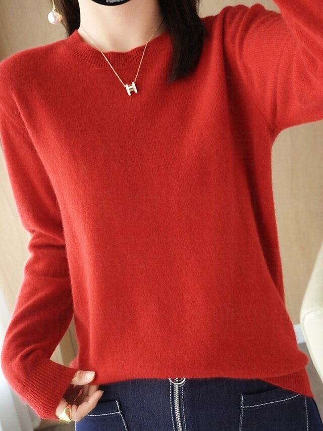  Femmes Pull Occasionnel Doux Couleur Unie Côtelé Col ras du cou Tricoté manche longue Hauts Réguliers Tricoter Extérieur Quotidien Week-end Noir Rouge Automne Hiver