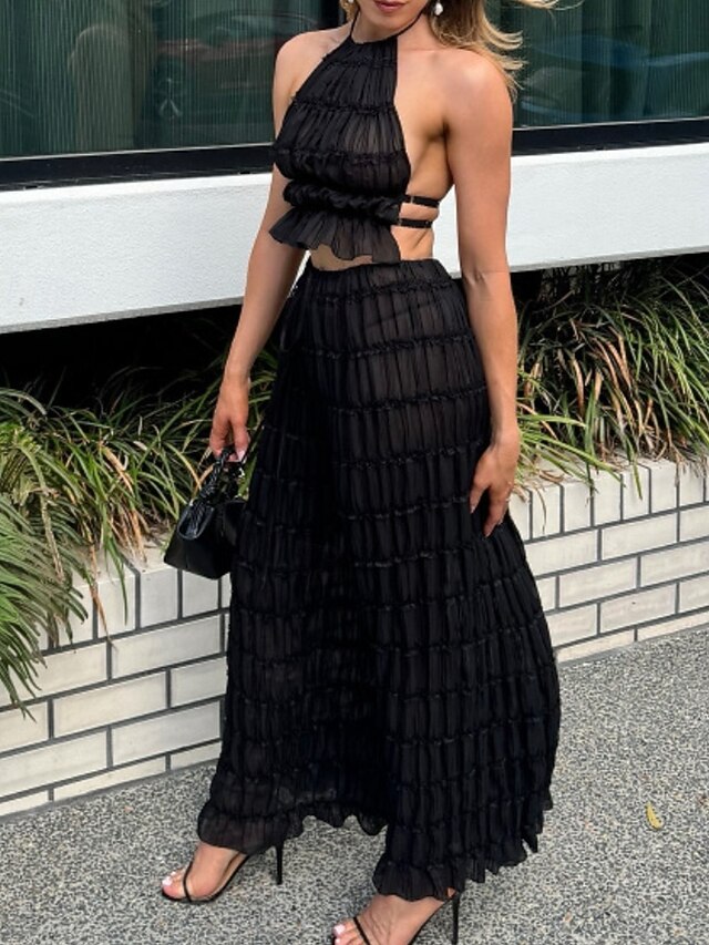  Femmes Actif Streetwear Chemisier Jupe Ensembles manche longue Col Halter Couleur Unie Froncé Quotidien Décontracté Quotidien Noir Blanche Rose Claire Été Coupe régulière