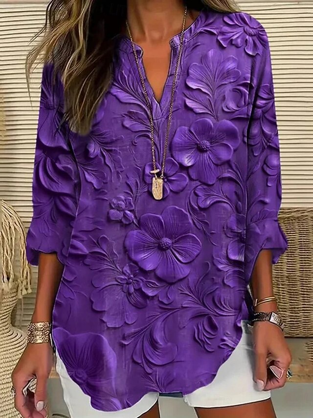 Women's Shirt Floral Daily Casual Long Sleeve V Neck Regular Tops Daily Holiday Buttons Print Purple Spring Fall4