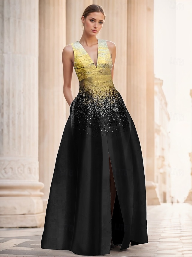  Glod and Black Jacquard Gown A-Line Evening Gown Elegant Dress Formal Wedding Floor Length Sleeveless V Neck Nylon with Slit Pocket
