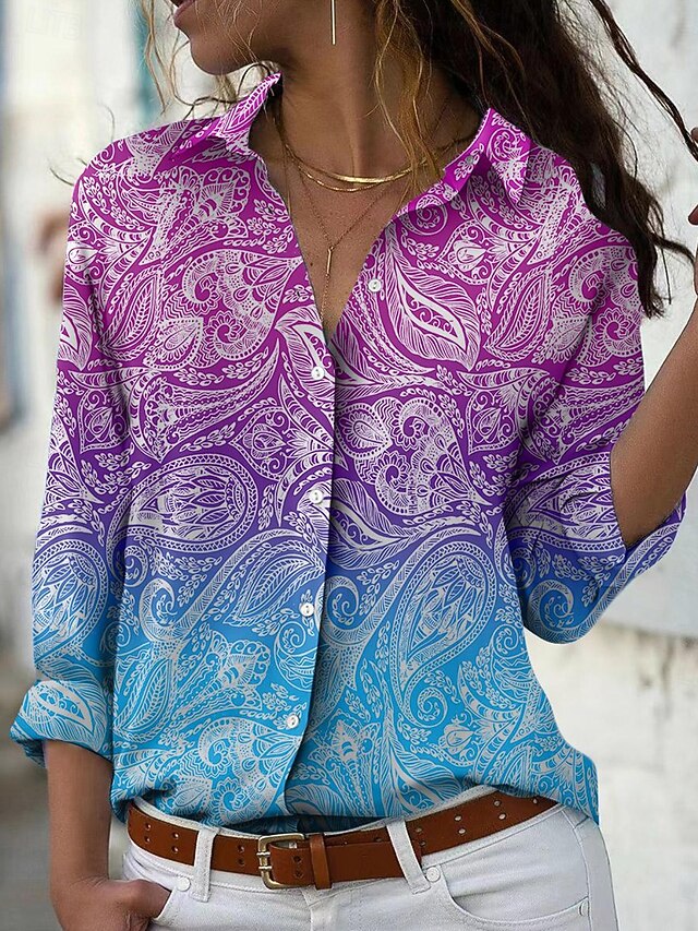 Women's Shirt Button Down Tunic Shirt Collar Long Sleeve Ombre Graphic Paisley Vintage Daily Stylish Regular Tops Work Daily Holiday s Print Blue Purple Spring Fall3