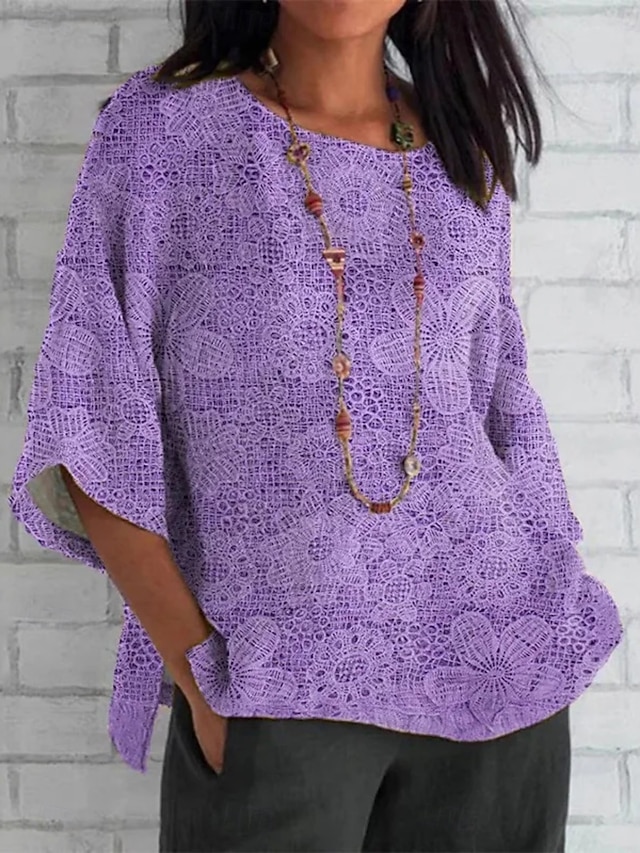  Dames Overhemd Bloemig 3D Dagelijks Casual 3/4 mouw Strakke ronde hals Normale tops Dagelijks Feestdagen Afdrukken Paars Zomer Lente Herfst