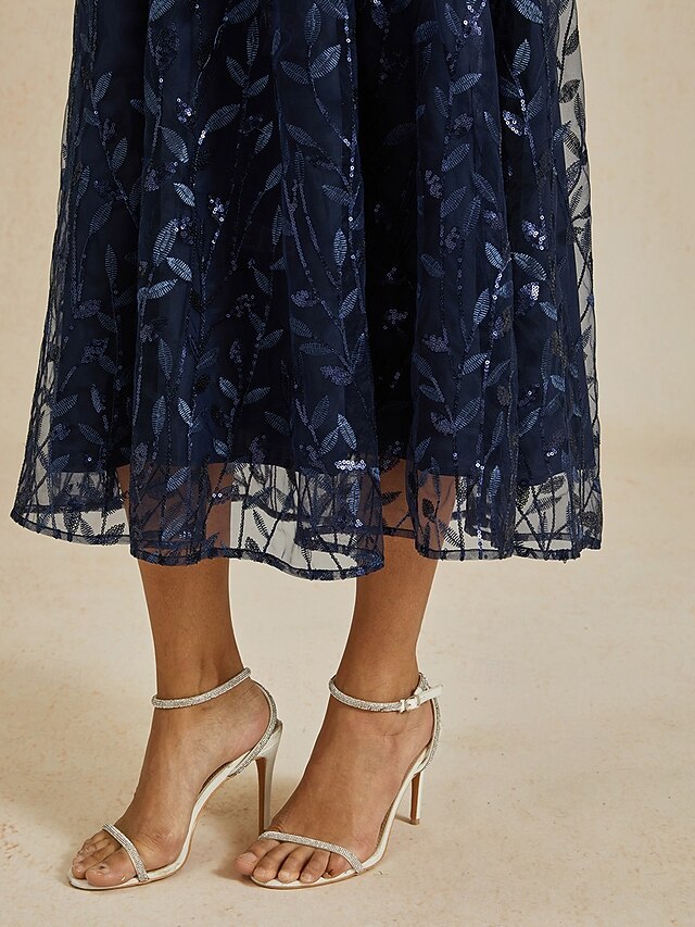 A-Line 3/4 Sleeves Tea-Length Satin Dress Dusty Blue