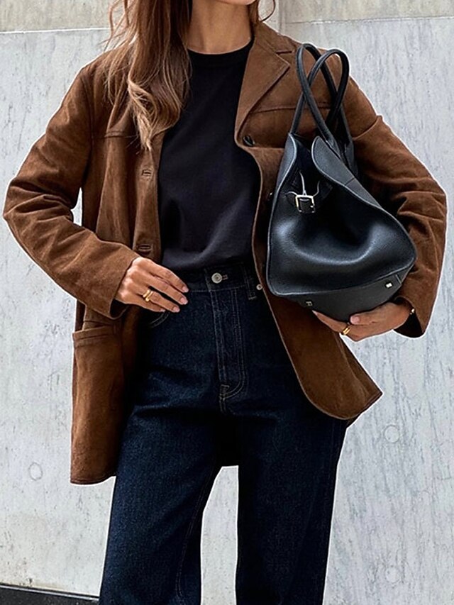 Women's Blazer Comfortable Buttons Fashion Plain Work Daily Regular Turndown Regular Fit Long Sleeve Outerwear Brown Spring Fall3