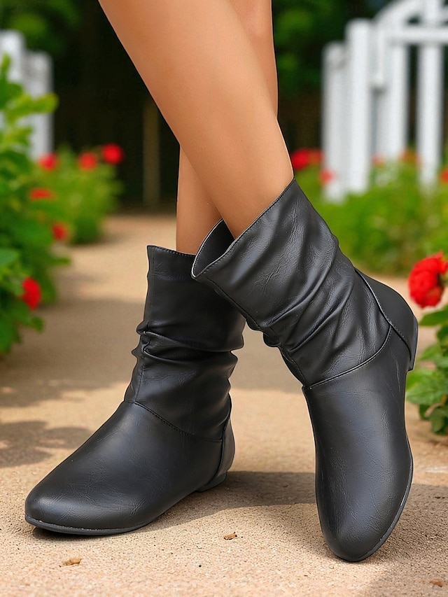  Botas largas femininas de couro sintético marrom – sapatos retrô de salto baixo e cano médio para o outono, caminhadas diárias e passeios casuais