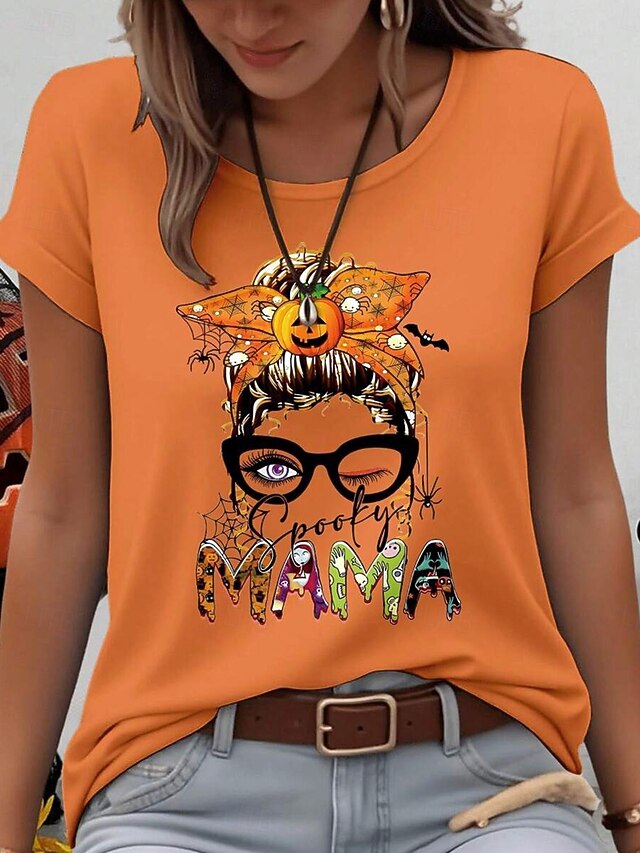 Halloween Women's T Shirt Graphic Pumpkin Letter Vintage Stylish Classic Short Sleeve Crew Neck Regular Tops Daily Weekend Print Orange Summer Spring Fall4