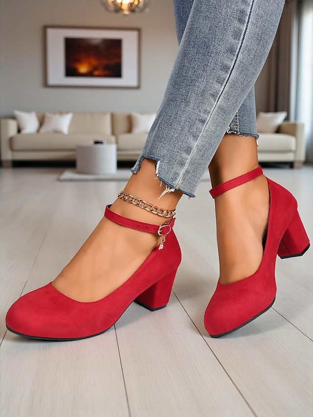  Sapatos Mary Jane femininos de salto bloco vermelho - sapatos sociais de camurça sintética com bico redondo e tira no tornozelo, estilo vintage para escritório, festas e uso diário