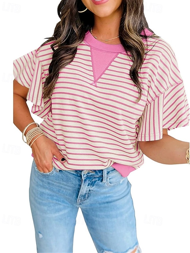  Mujer Camiseta A Rayas Moda Moderno Manga Corta Cuello Barco Tops regulares Diario Retazos Rosa Marrón Verde Trébol Verano