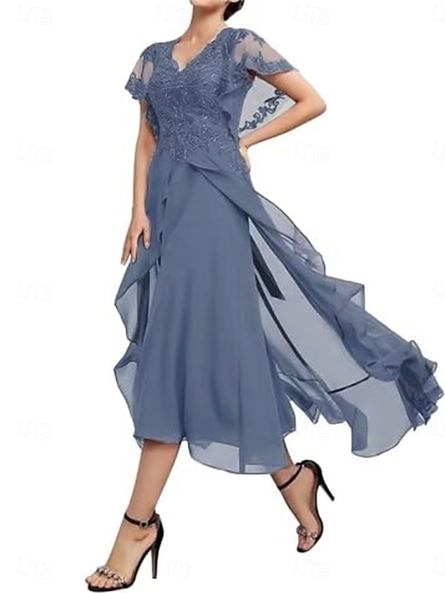 A Line Short Sleeves Tea Length Mother of the Bride Dress