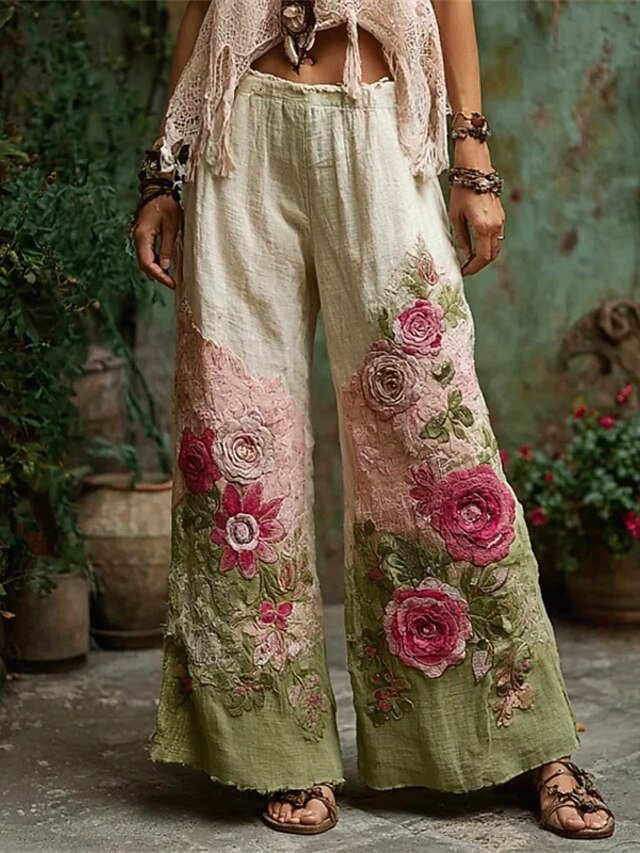  Femmes Jambe large Pantalons Pantalon palazzo ancien Boho Longueur complète Taille haute Fleur Taille Élastique Impression Respirabilité Confortable Rue Tenue quotidienne Sortir Vert Printemps Automne