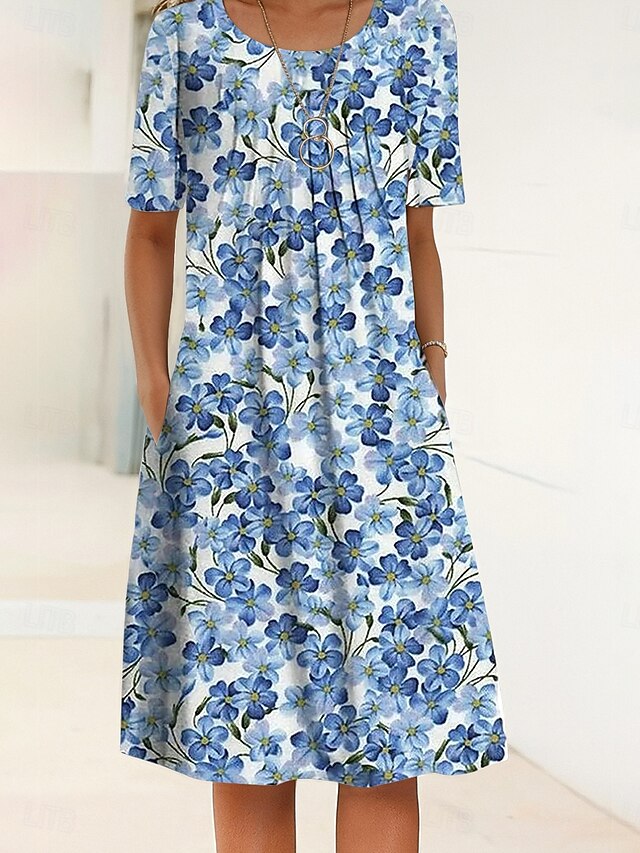 Women's Midi Dress Shift Dress Summer Dress Vacation Casual Daily Regular Fit Floral Graphic Half Sleeve Crew Neck Red Blue Dark Blue Summer Spring4
