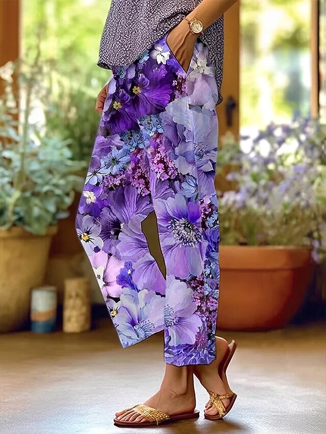Women's Chinos Vacation Vintage Ethnic Style Full Length High Waist Floral Graphic Pocket Soft Outdoor Breathable Inelastic Outdoor Vacation Street Lilac Summer Spring Fall Regular Fit4