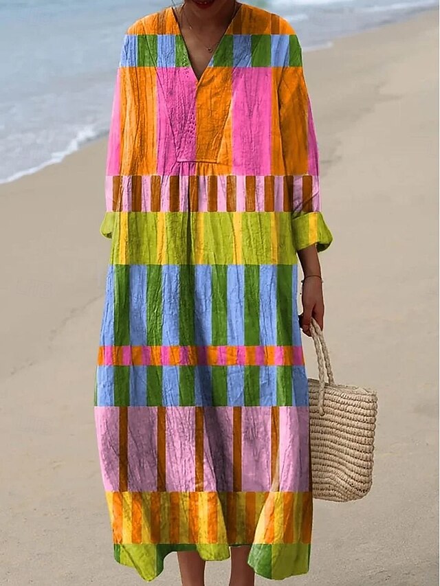 Women's Midi Dress V Neck Long Sleeve Kaftan Lightweight Loose Fit A Line Dress Casual Boho Going out Graphic Geometric Long Sleeve V Neck Blue Fuchsia Orange Fall4