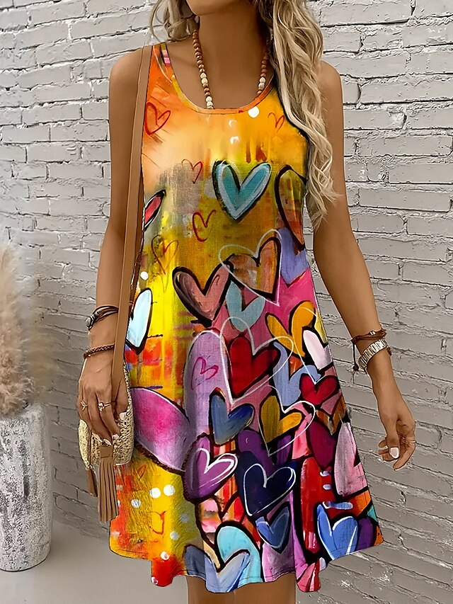  Damen Minikleid Sommerkleid A Linie Kleid Schulterfreies Kleid Urlaub Lässig Boho Ferien Strand Normale Passform Herz Grafik Ärmellos Rundhalsausschnitt Gelb Rote Blau Purpur Sommer Frühling