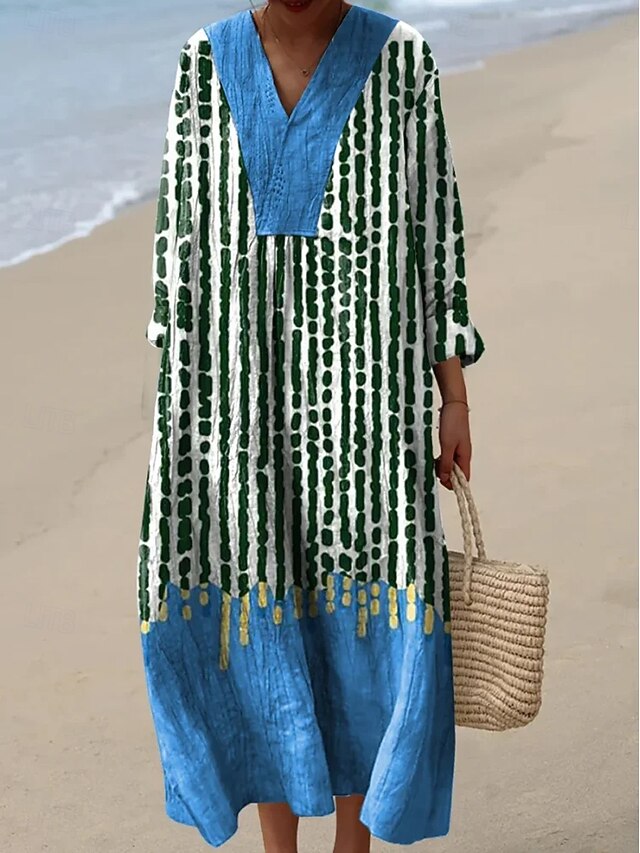 Women's Midi Dress V Neck Long Sleeve Kaftan Lightweight Loose Fit A Line Dress Casual Boho Party Going out Graphic Geometric Long Sleeve V Neck White Blue Orange Fall4