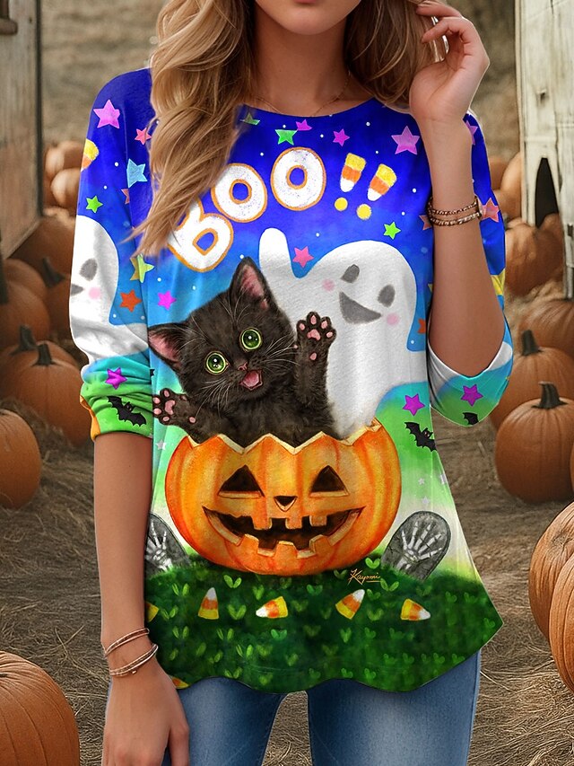 Kayomi Harai Halloween Women's T shirt Pumpkin Crew Neck Long Sleeve Tunic Graphic Animal Cat Casual  Round Neck Regular Tops Daily Weekend Print Orange Fall4