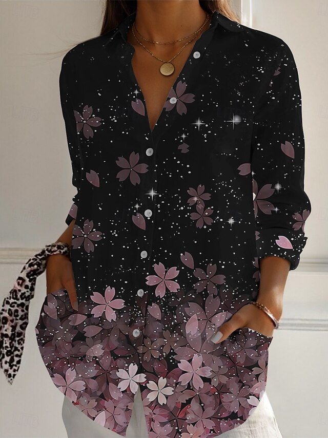 Women's Shirt Floral Active Daily Stylish Long Sleeve Shirt Collar Regular Tops Daily Holiday Buttons Print Black Spring Fall4