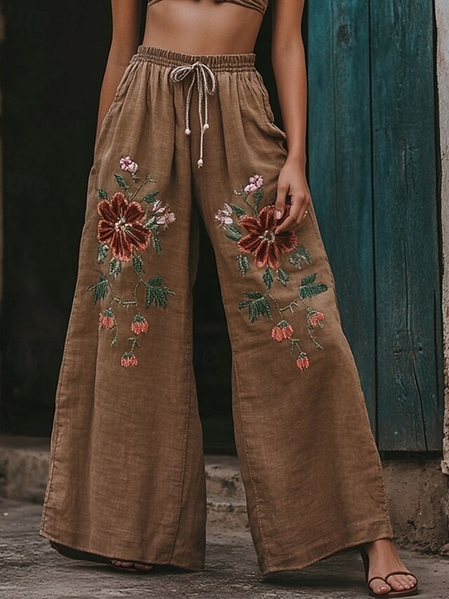 Women's Wide Leg Pants Trousers Palazzo Pants Fashion Boho Full Length High Waist Flower Elastic Waist Drawstring Print Breathability Comfortable Street Daily Wear Going out Brown Spring Fall Regular4