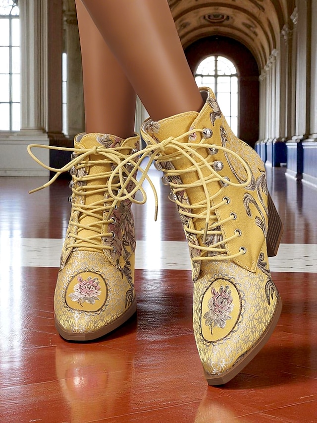  Bottines à lacets en jacquard jaune pour femmes avec talons épais - bottes courtes baroques de style victorien de la fin du XIXe siècle pour dames, idéales pour les tenues d'automne, les fêtes