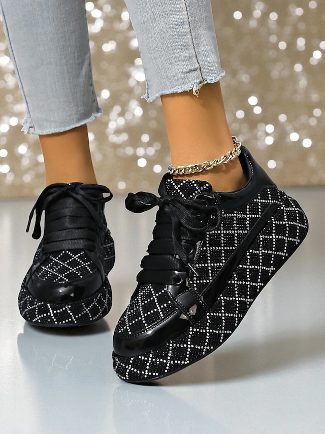  Tênis femininos acolchoados com strass - sapatos de festa com cadarço preto e prata para vida noturna, baladas e streetwear moderno
