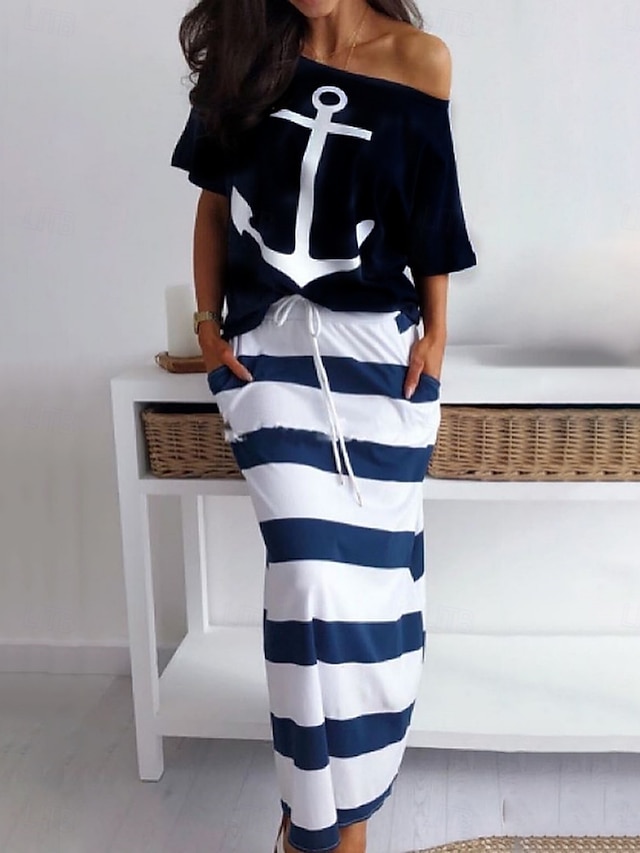  Pentru femei Set de rochii Rochii Tricou Casual Dunga Cordon Imprimeu Rochie Maxi Manșon scurt De Pe Umăr În aer liber Zilnic Alb Albastru piscină Vară Primăvară Fit regulat