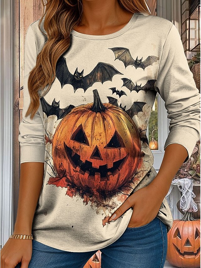 Halloween Women's T shirt Pumpkin Long Sleeve Crew Neck Long Sleeve Tunic Graphic Vintage Stylish Classic Regular Tops Daily Print Beige Fall Prefall3