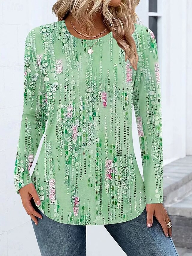 Women's T shirt Long Sleeve Ombre Graphic Geometric Casual Long Sleeve Crew Neck Round Neck Regular Tops Daily Weekend Print Pink Purple Green Spring Fall Winter Prefall4