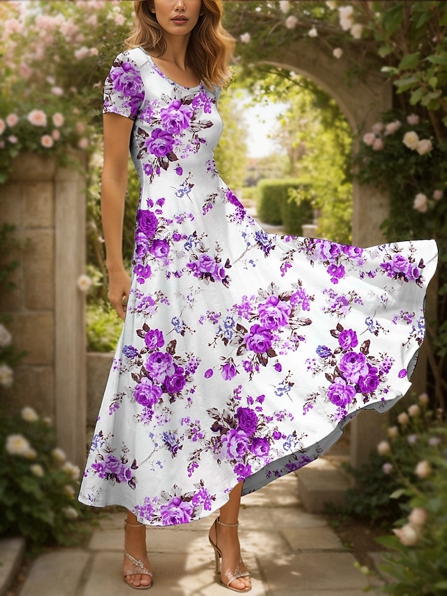  Damen Maxikleid Strickkleid Freizeitkleid A Linie Kleid Sommerkleid Elegant Urlaub Lässig Normale Passform Blumen Grafik Kurzarm Quadrathals Rundausschnitt Schwarz Gelb Rote Blau Sommer Frühling