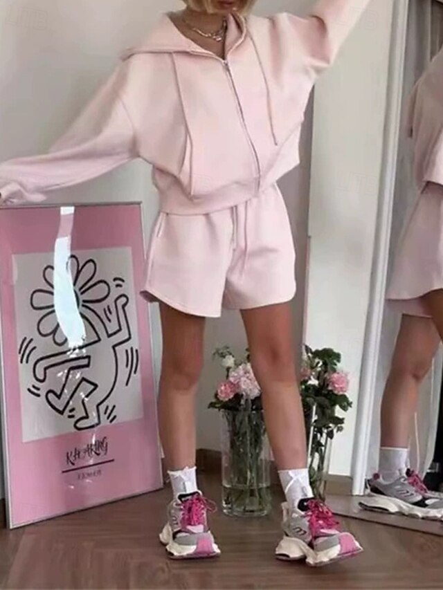  Mulheres Moda Roupa de rua Moletom Conjuntos de shorts Manga Longa Com Capuz Tecido Zíper Roupa Diária Encontro Branco Rosa Azul Verão Normal