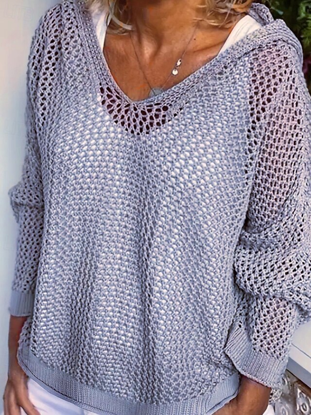 Women's Sweater Casual Solid Color Ribbed Hooded Hollow Out Knitted Long Sleeve Regular Tops Knit Daily Holiday Going out Wine Red Light Green Fall4