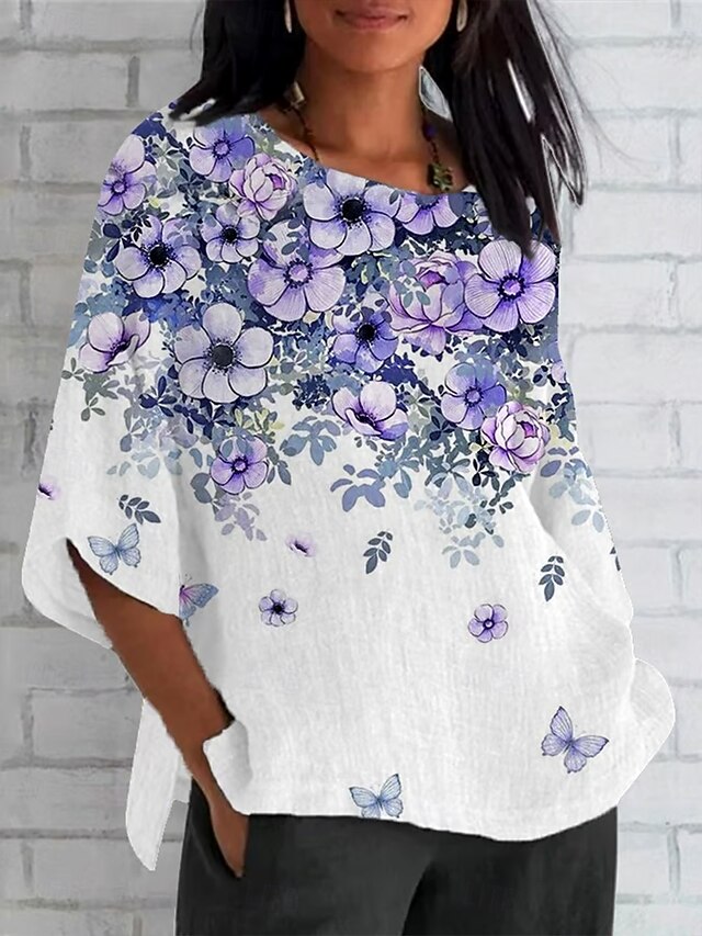 Easter Women's T Shirt Ombre Floral Graphic Vintage Classic Casual 3/4 Length Sleeve Crew Neck Regular Tops Daily Weekend Beach Wear Print Purple Summer Spring Fall4