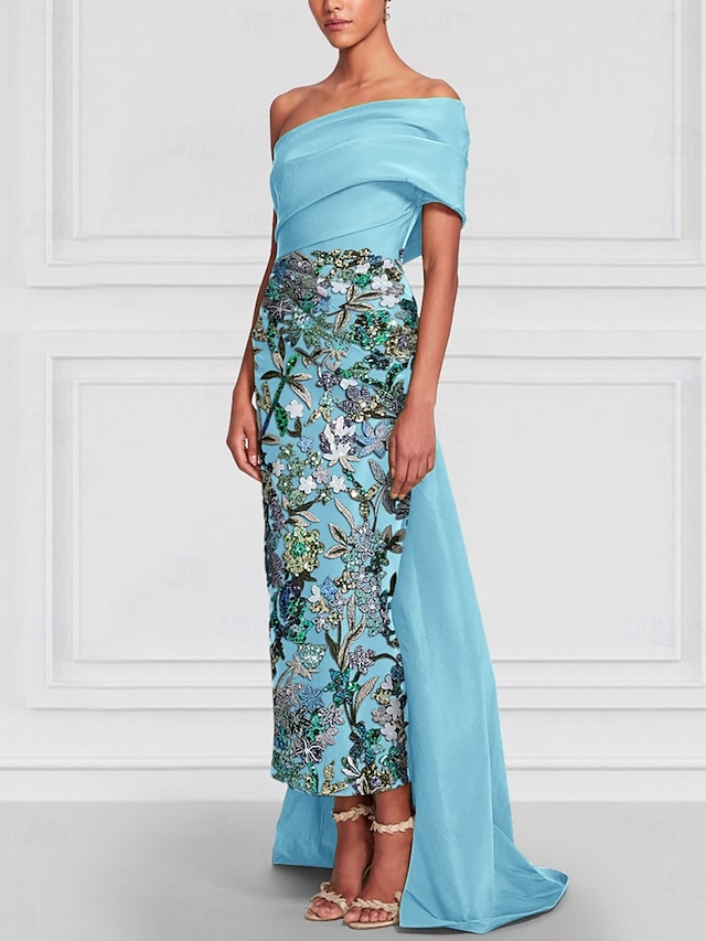  Robe de soirée colonne en satin brodée à fleurs bleues vertes élégante longue à manches courtes décolletée avec fente