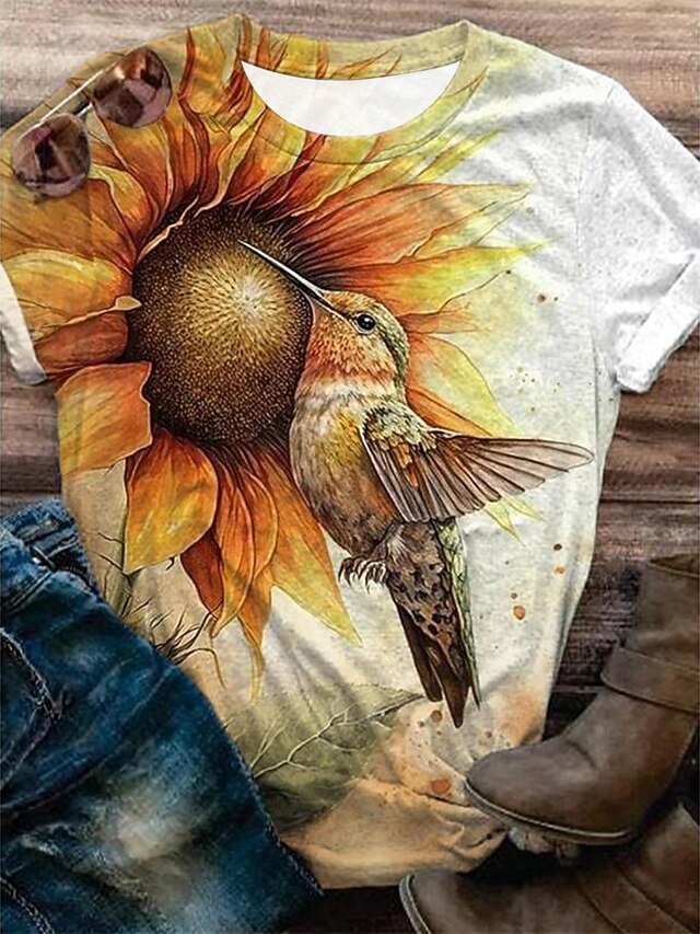 Women's T Shirt Graphic Bird Vintage Fashion Stylish Short Sleeve Crew Neck Regular Tops Daily Print Yellow Royal Blue Blue Summer Spring4