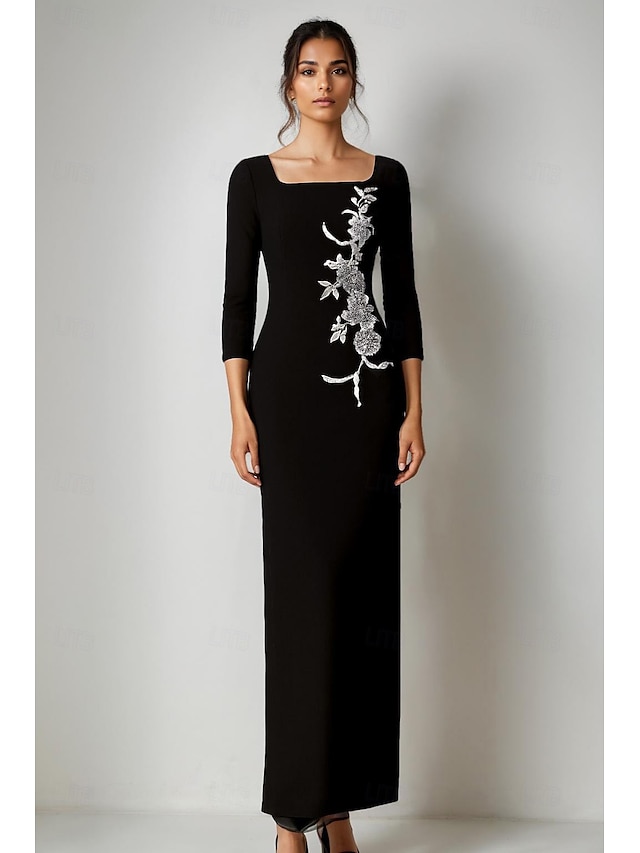  schwarz-weißes Etuikleid/Säulen-Abendkleid, elegantes Kleid, formelle Hochzeit, bodenlang, 3/4-Ärmel, quadratischer Ausschnitt, Stretch-Krepp mit floraler Perlenspitze, 2025