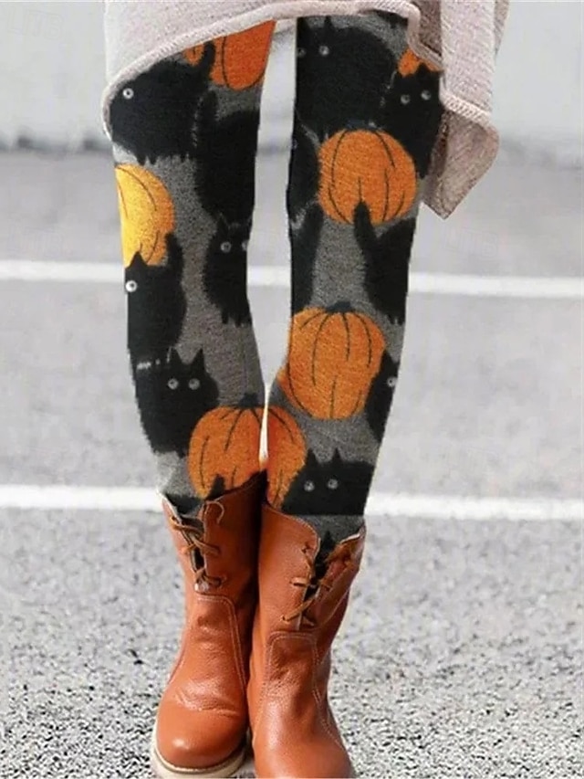  Damen Hosen Hose Leggings Streetwear Lässig Volle Länge Hohe TaillePantsHalloween Kürbis Elastischer Bund Druck Atmungsaktivität Bequem Dehnbar Urlaub Straße Alltagskleidung Orange Frühling Herbst