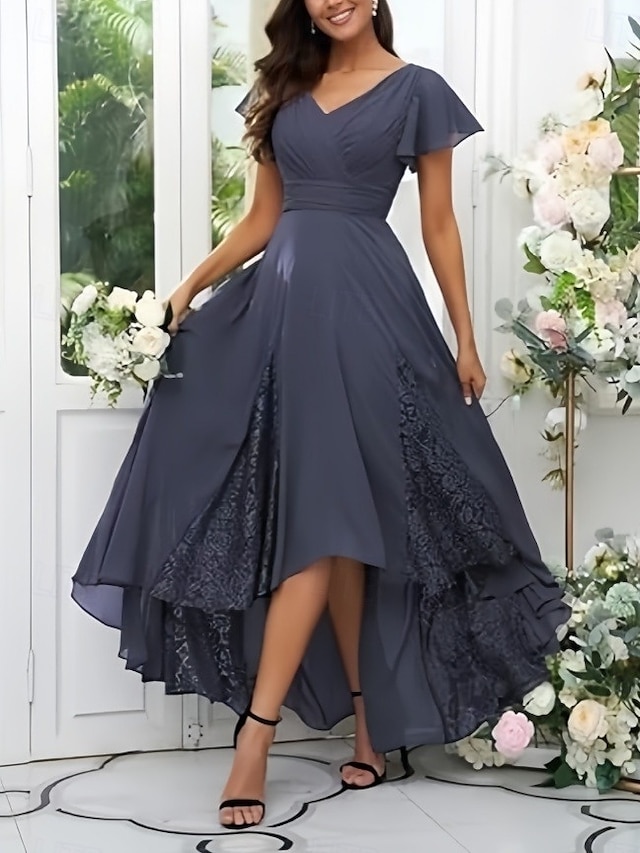  Ligne A Robes pour invités de mariage Élégant Robe robe demoiselle d honneur Fiançailles Asymétrique Manche Courte Col en V Chiffon avec Croisé Froncé 2025