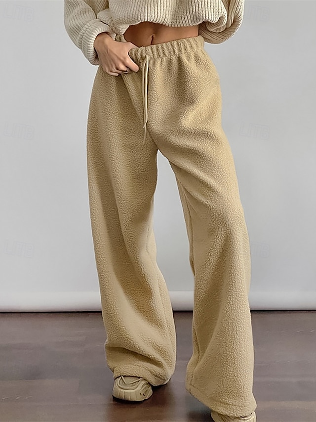  Dam Fleecebyxor Byxor Rak Mode Streetwear Fullängd Hög midja Slät Snörning Elastisk midja Mateial som andas Bekväm Microelastisk Gata Dagliga kläder Utekväll Vit Brun Kaki Höst Vinter Normal