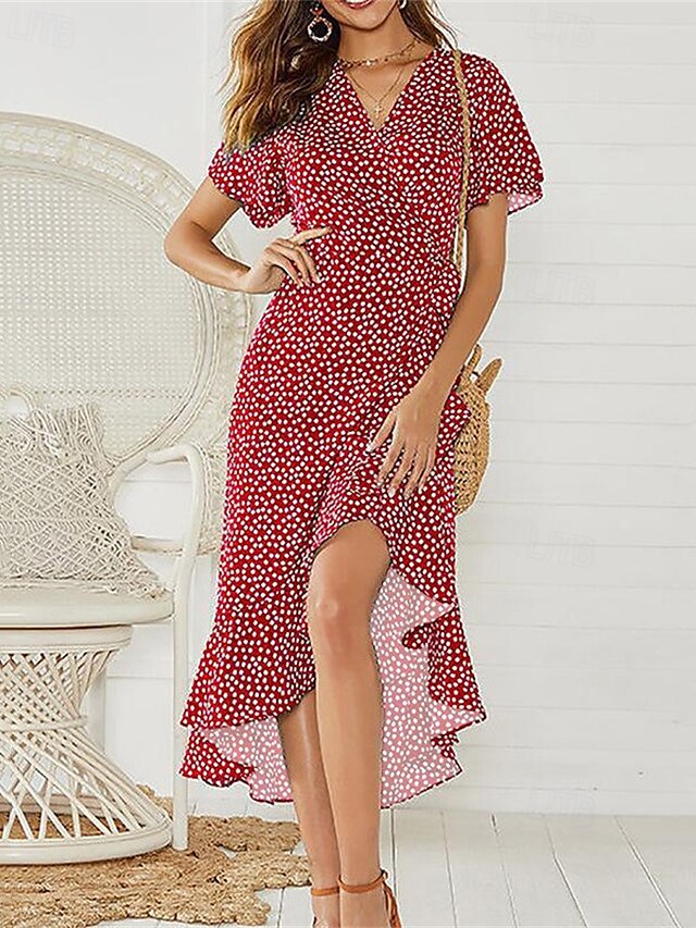  Femmes Robe Midi Robe Décontractée Robe en Chiffon Robe d'été Mode Extérieur Soirée Fête Coupe régulière À pois Manche Courte Col en V Blanche Jaune Rouge Vert Été Printemps