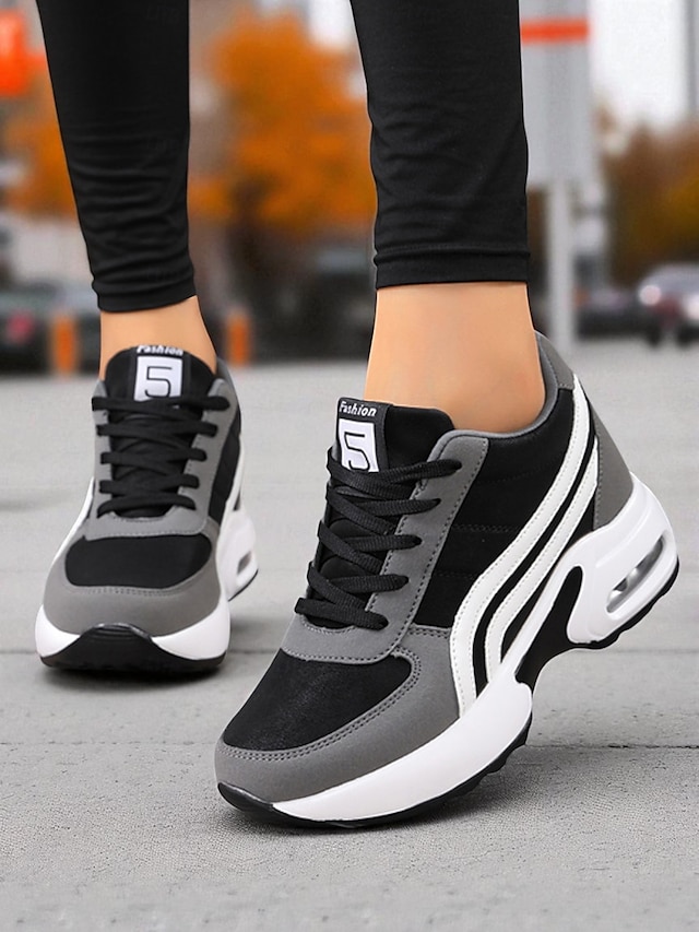  Schwarze und graue klobige Laufsneaker für Damen – atmungsaktive Mesh-Schnürschuhe, lässige, sportliche Wanderschuhe fürs Fitnessstudio, Reisen und den Alltag