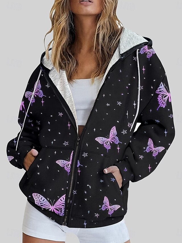 Women's Hooded Sweatshirt Jacket Long Sleeve Zip Up Hoodie With Pocket Lightweight Casual Micro-elastic Graphic Butterfly Fashion Street Dailywear Pocket Print Purple Spring Fall4