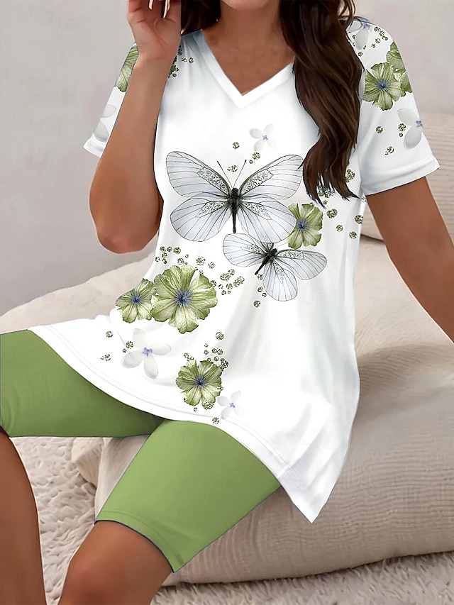  Mulheres Moda Diário Camiseta Conjuntos de shorts Manga Curta Decote V Âmbar Floral Borboleta Imprimir Diário Casual / Diário Verde Claro Uva Azul Oceano Verão Normal