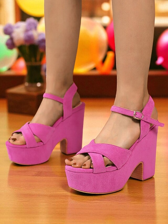 Women's Hot Pink Suede Platform Sandals with Ankle Strap - Bold Chunky ...