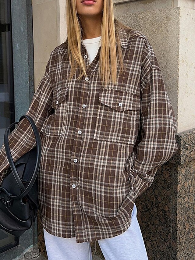  Femmes Chemise Plaid Quotidien Élégant Basique manche longue Col de chemise Hauts Réguliers Travail Quotidien Fête Boutons Vert Véronèse bleu marine Marron Printemps Automne