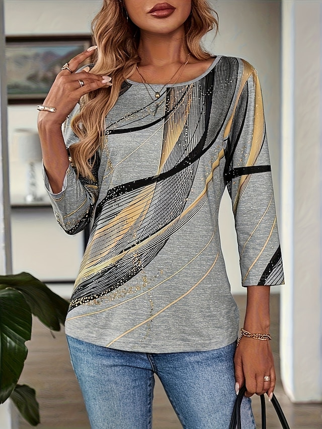  Mulheres T-shirt Geométrica Abstrato Casual Boho Manga Longa Decote Redondo Tops regulares Para Noite Final de semana Roupas de férias Azul Dourado Cinzento Primavera / Outono / Inverno / Verão