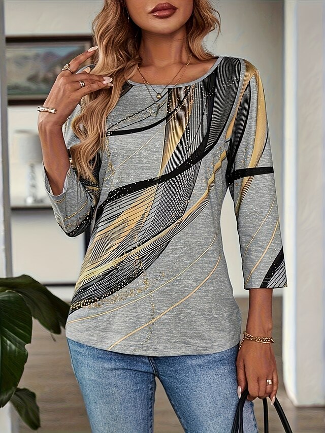 Women's Tee Top Geometric Abstract Casual Boho Long Sleeve Round Neck Regular Tops Going out Weekend Vacation Wear Blue Gold Gray Spring, Fall, Winter, Summer4
