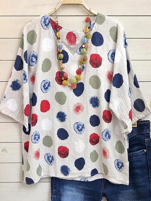 Women's Blouse Graphic Geometric Polka Dot Vintage Stylish Classic 3/4 Length Sleeve V Neck Regular Tops Daily White Summer Spring Fall3