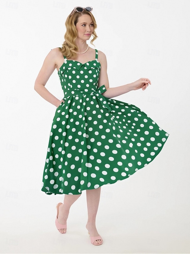  Retro 50. léta Rockabilly Polední Šaty Houpací šaty Flare šaty S páskem Popruh na špagety Puntíkované A-Linie Dámské Karneval Denní nošení Čajový dýchánek Retro tematická párty Dospělí Šaty Jaro léto